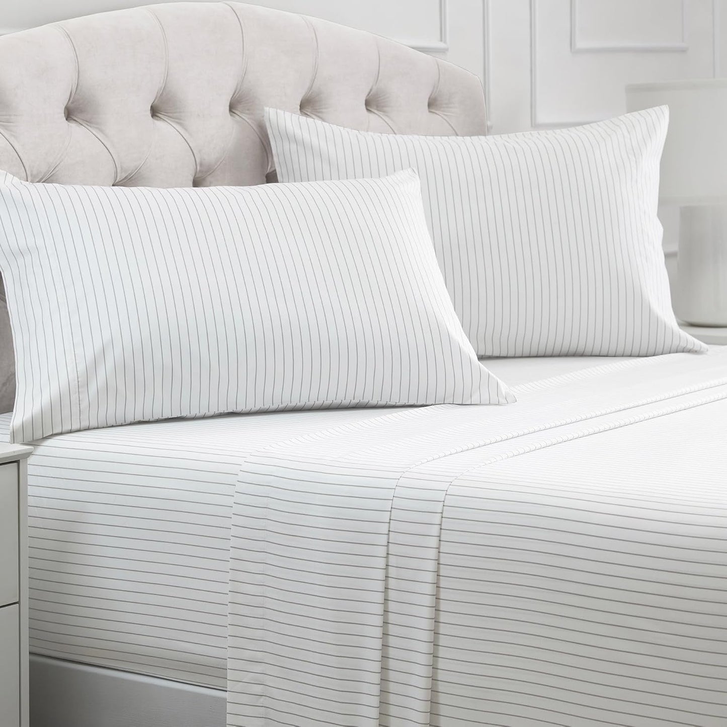 Mellanni Full Sheets Set - 4 PC Hotel Luxury Bedding | Extra Soft, Cooling, Wrinkle-Resistant (Pinstripe Gray)
