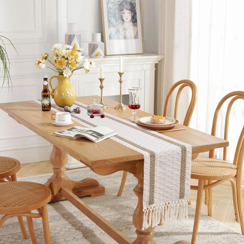 OTOSTAR Boho Table Runner with Tassels 48 Inches Long Farmhouse Rustic Table Runner Macrame Burlap Table Decoration for Home Decor Living Room Bridal Shower, Double Striped (12x48 Inches)