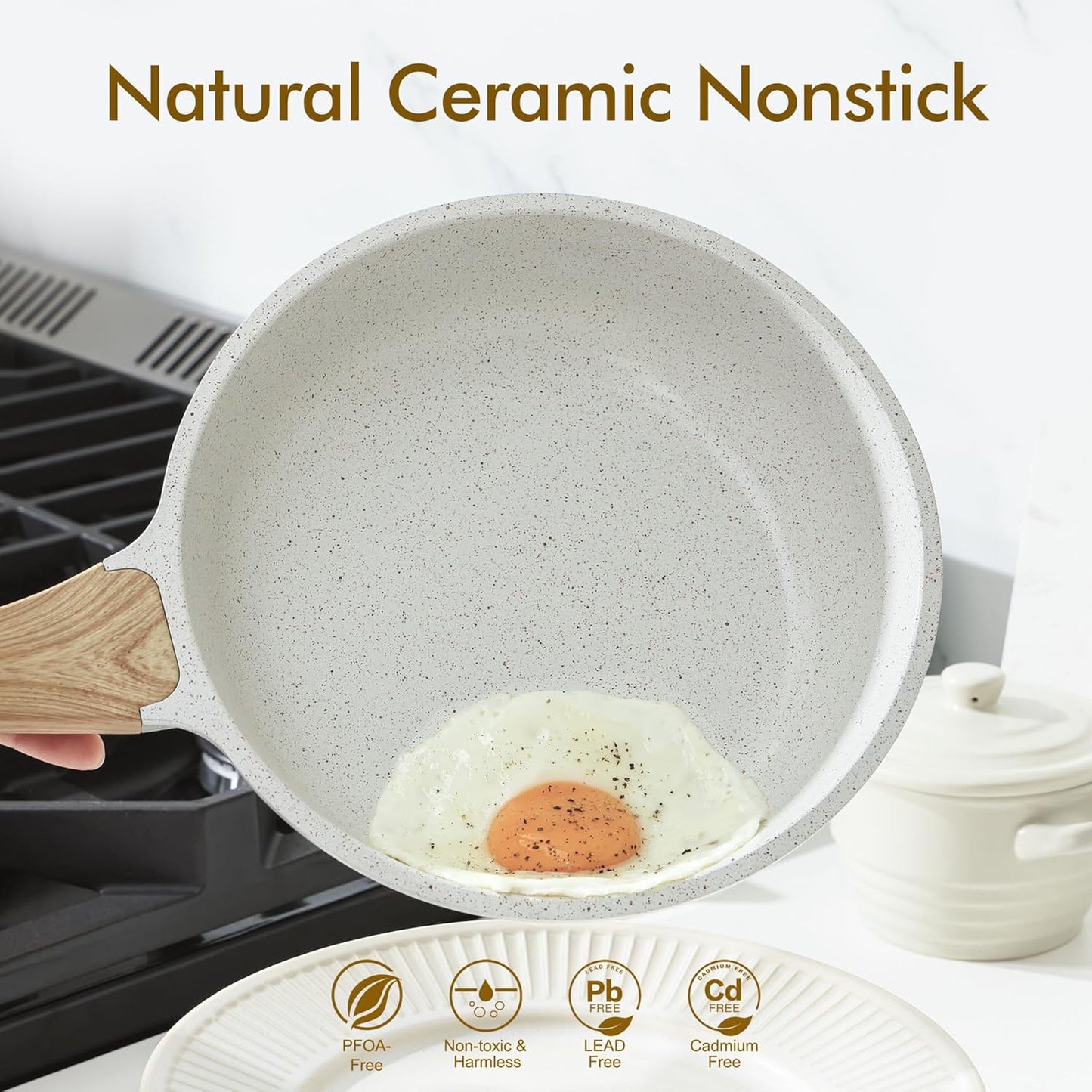 SENSARTE Nonstick Ceramic Frying Pan - 8-Inch Healthy Omelet Skillet, PFAS-Free & Induction Compatible, White (Pack of 2)