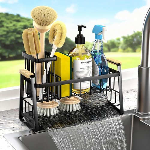 Housolution Kitchen Sink Caddy Organizer - 2-Tier Sponge Holder with Flexible Brush Storage | Rustproof Design
