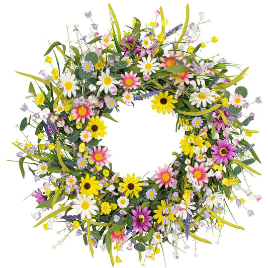 Yawwind 22 Inches Summer Wreaths for Front Door Spring Flower Wreaths Summer Door Wreath Colorful Wildflower Wreath with Daisy Lavender for Window Indoors Outdoor Decor