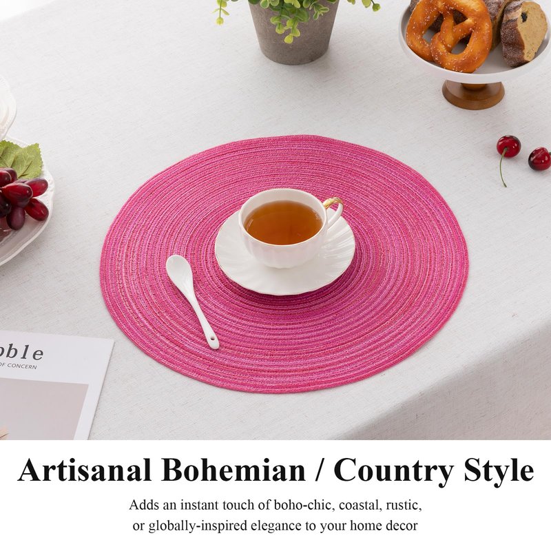 SHACOS Round Braided Placemats Set of 6 Cotton Round Place Mats 15 inch Washable Table Mats for Dining Table Holiday Party (Hot Pink, 6)