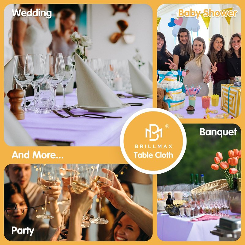 BRILLMAX 8 Pack Lavender Tablecloths 60 x 126 Inch for 8ft Rectangle Tables - 150 GSM Polyester Fabric, 15" Standard Drop, Water, Stain & Wrinkle Resistant Cloth Cover for Wedding Dining Buffet