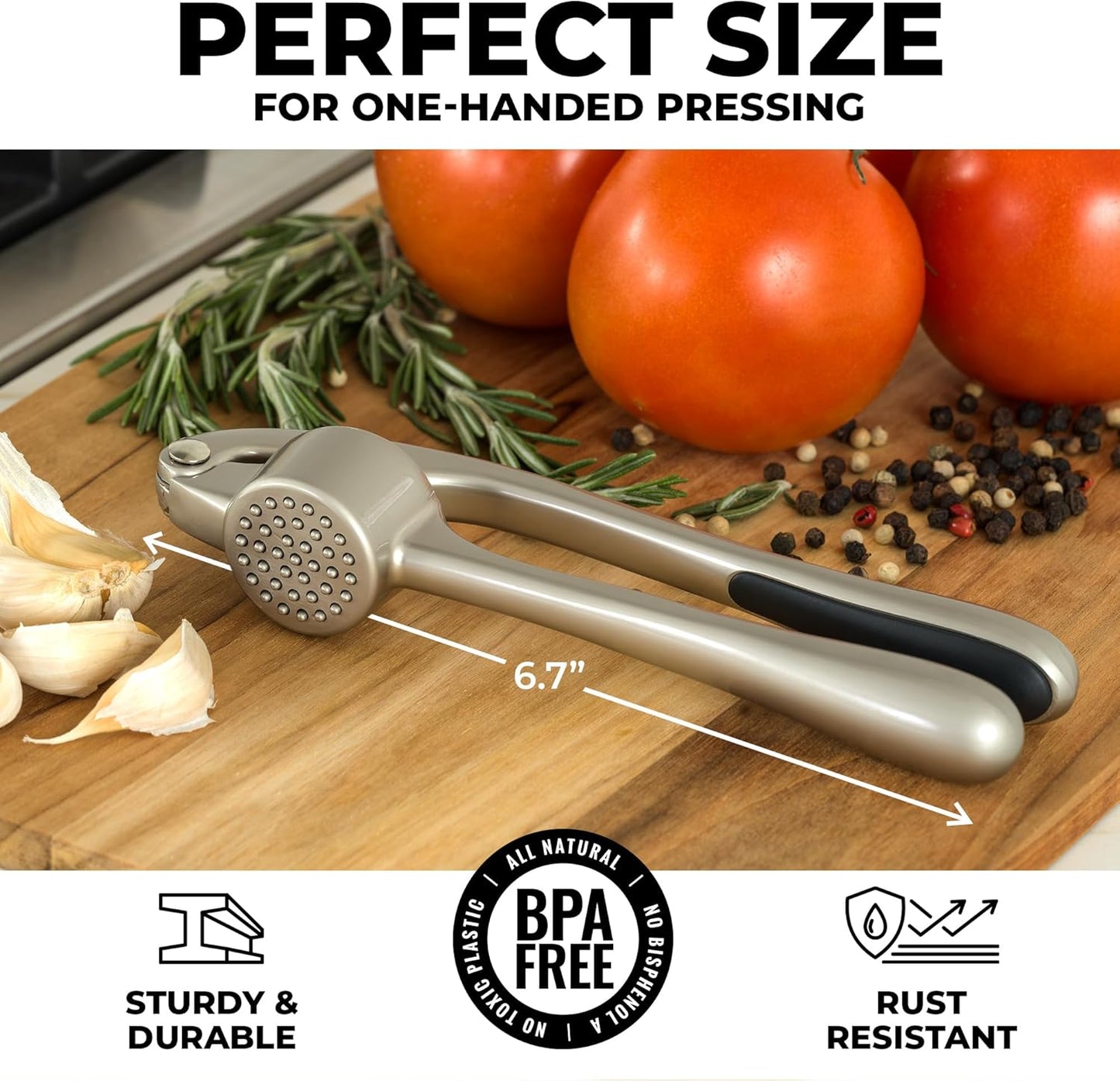 Zulay Kitchen Garlic Press Set - Rust-Proof Professional Mincer with Ergonomic Handle & Silicone Peeler | Easy-Squeeze, Easy-Clean (Silver)