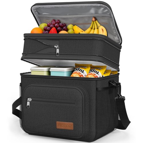 HOTOR Lunch Box for Men & Women - Double-Layer Insulated Lunch Bag with Leakproof Liner, Portable Cooler for Work, Travel, or Picnic, Black, 12L, 11.1" x 9.7" x 6.7"