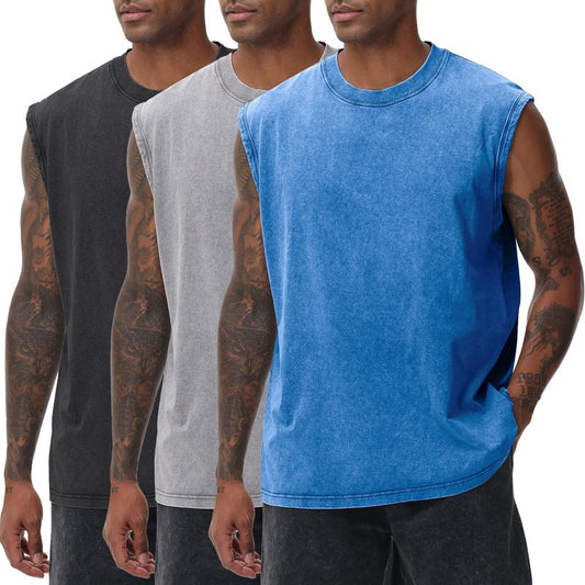 SnowElve 3 Pack Mens Workout Tank Tops Sleeveless Tee Shirts Men Muscle Shirt Gym Acid Wash T Shirts Running Beach Loose Fit Tee(BUGYBK,2XL)