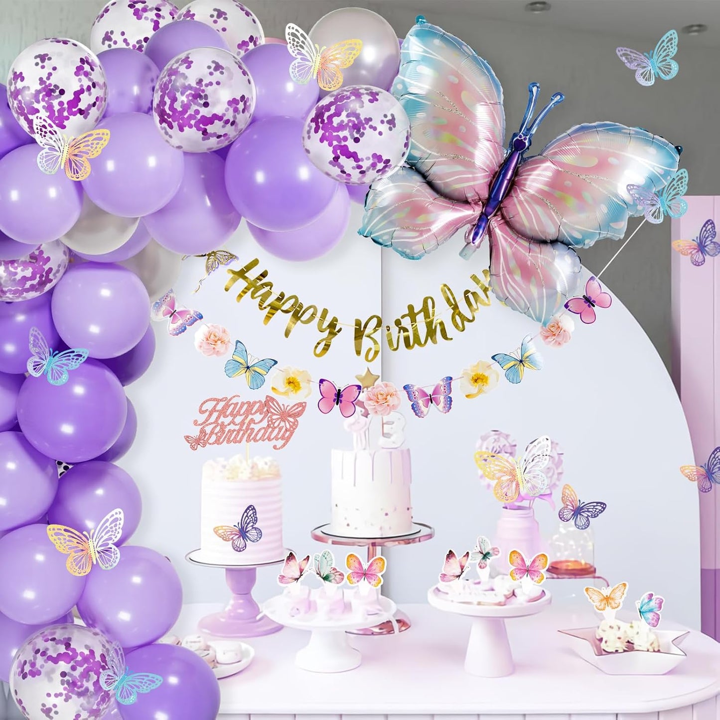 Butterfly Birthday Decoration - Purple Party Decor with Balloons & Happy Birthday Banner | 3D Stickers & Tablecloth