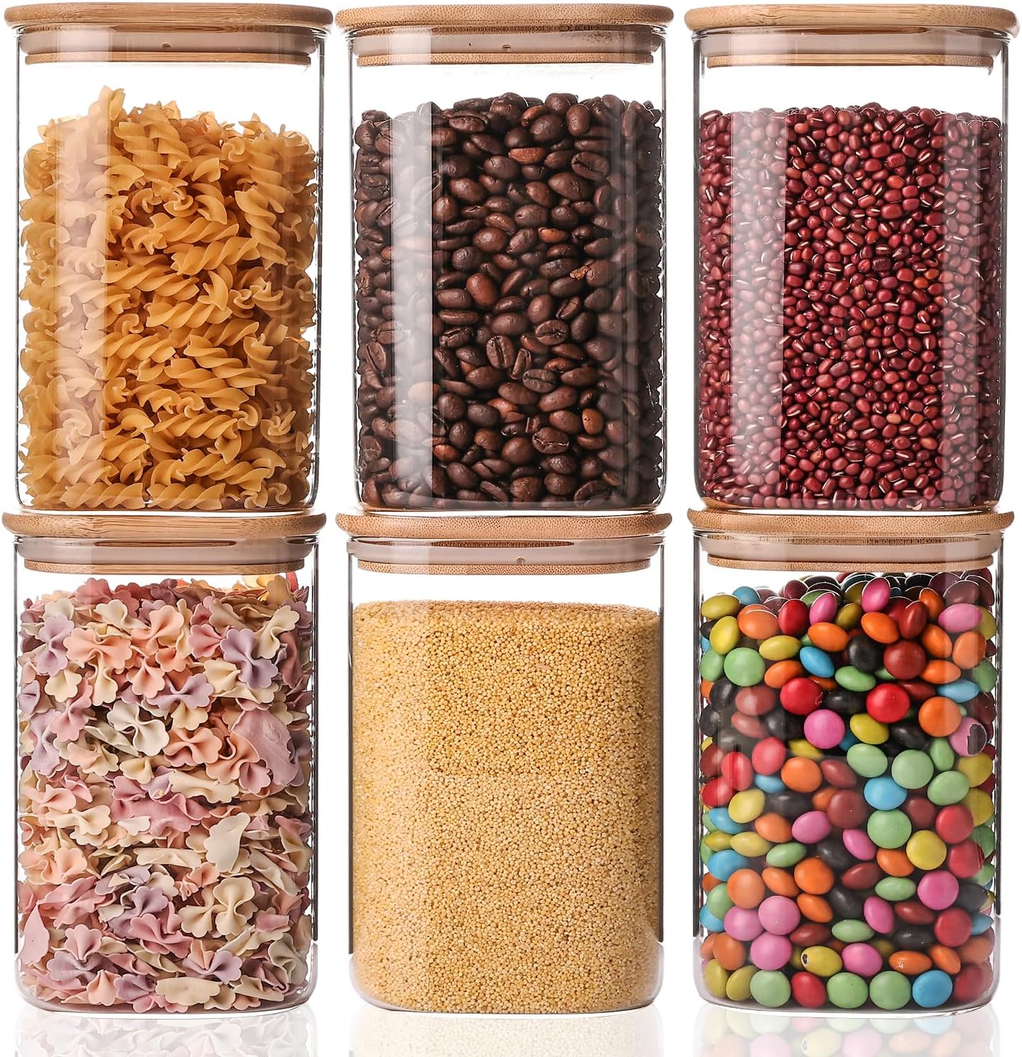 YUNCANG Glass Storage Jars - 6 Pack 37oz Clear Containers with Airtight Bamboo Lids | Stackable Kitchen Canisters for Food Storage