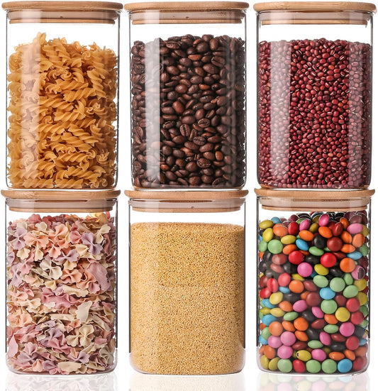 YUNCANG Glass Storage Jars - 6 Pack 37oz Clear Containers with Airtight Bamboo Lids | Stackable Kitchen Canisters for Food Storage