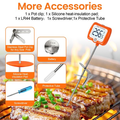 Deep Fry Thermometer - Digital Candy/Candle/Meat Thermometer with Rotatable Large Display, 10'' Long Probe, Programmable Instant Read for Oil Cooking (Orange)