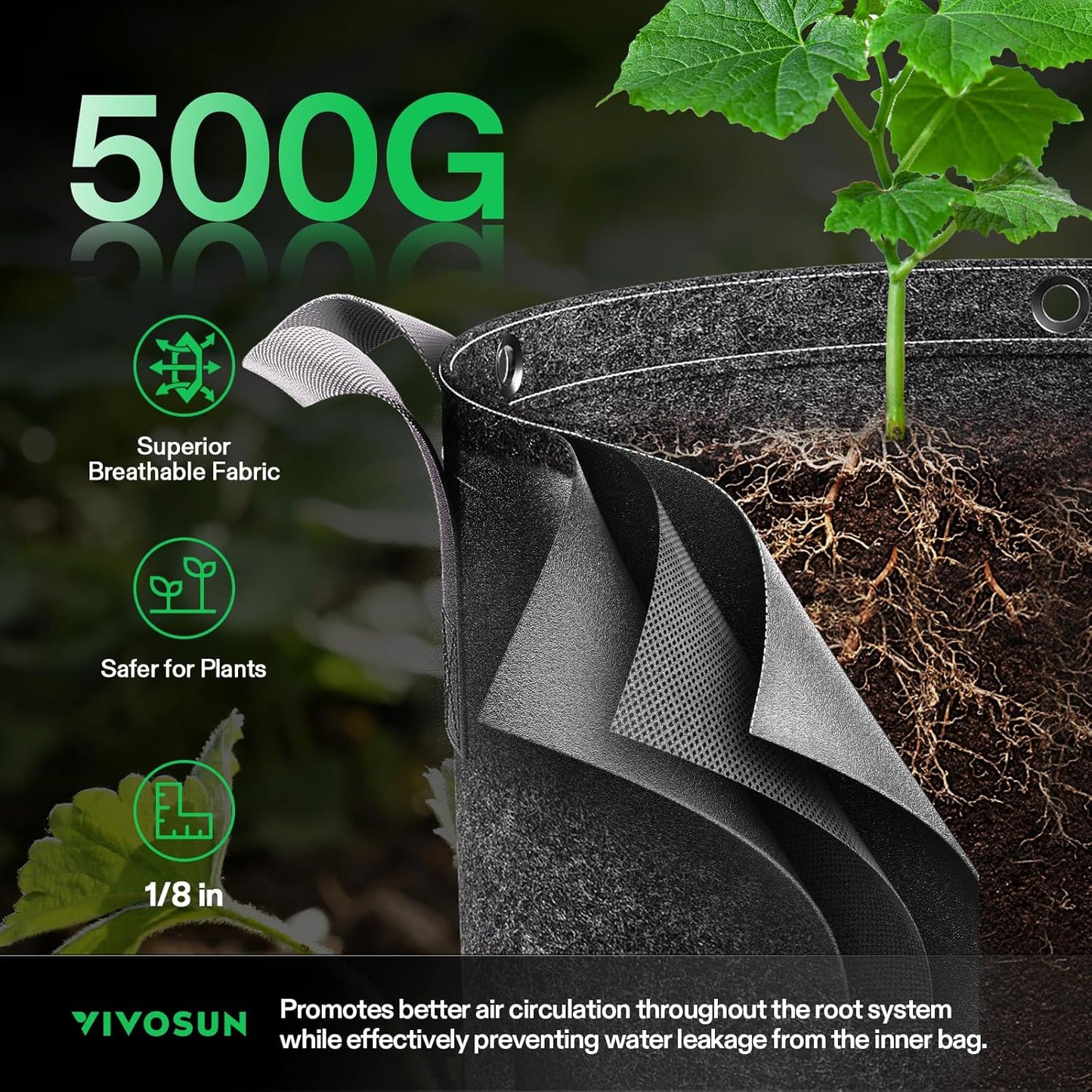 VIVOSUN 5-Pack 5 Gallon Grow Bags - Durable 500G Nonwoven Fabric Pots with Strap Handles for Plant Training