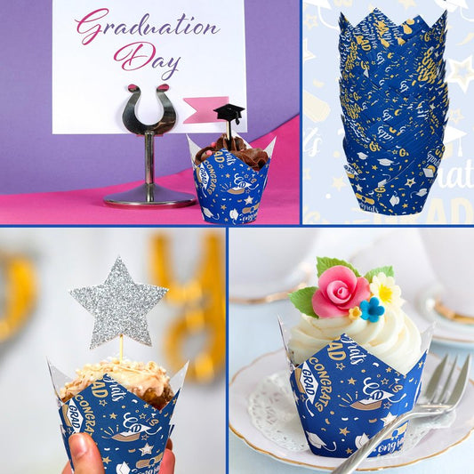 Nuenen 200 Pcs Graduation Tulip Cupcake Liners Bulk 2026 Congrats Grad Paper Baking Cup Greaseproof Muffin Liners Holders Graduation Cap Cake Paper Cup Tulip Cupcake Wrappers for Party(Blue, Gold)