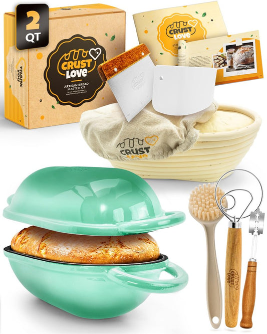 CRUSTLOVE Dutch Oven for Baking - incl. Sourdough Baking Supplies like Banneton Proofing Basket - 6.75QT Enameled Oval Cast Iron Bread Oven with Lid and Scoring Tool Lame