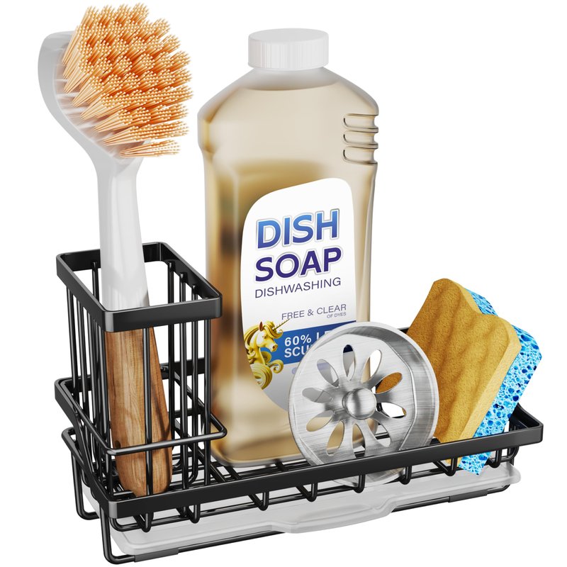 SWTYMIKI Sink Caddy Sponge Holder - Kitchen Sink Organizer with High Brush Holder for Countertop to Hold Dish Soaps and Sponges, Stainless Steel, Black