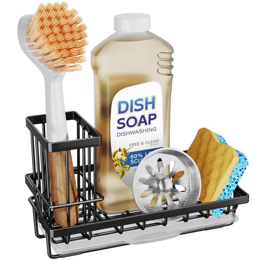 SWTYMIKI Sink Caddy Sponge Holder - Kitchen Sink Organizer with High Brush Holder for Countertop to Hold Dish Soaps and Sponges, Stainless Steel, Black