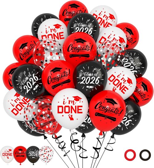 Graduation Balloons Set by [Brand Name] - 72pcs Red & Black Metallic Confetti Balloons for Class of 2026 Party Decorations
