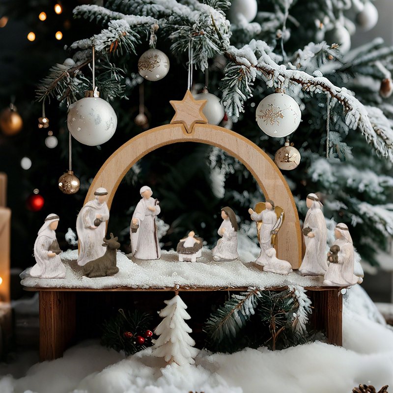Treewoll 11 Pcs Christmas Scene Nativity Set, Holy Family Scene with Wooden Arched Stable and Resin Figurines Including Baby Jesus, Mary, Joseph and More, Religious Collections for Home Tabletop Decor