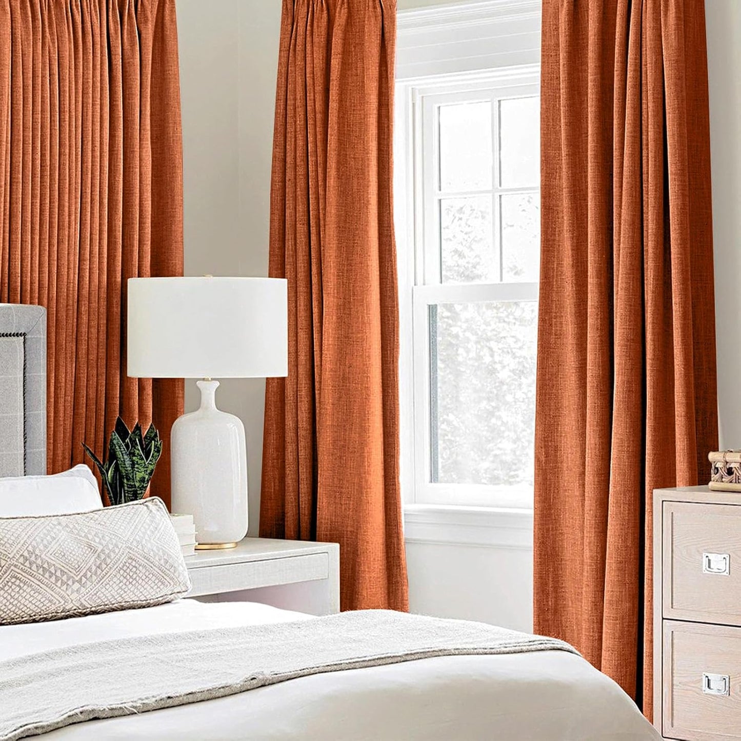 MIULEE Linen Curtains - 100% Blackout Thermal Insulated Orange Drapes | Room Darkening 52 x 90 Inch (2 Panels)