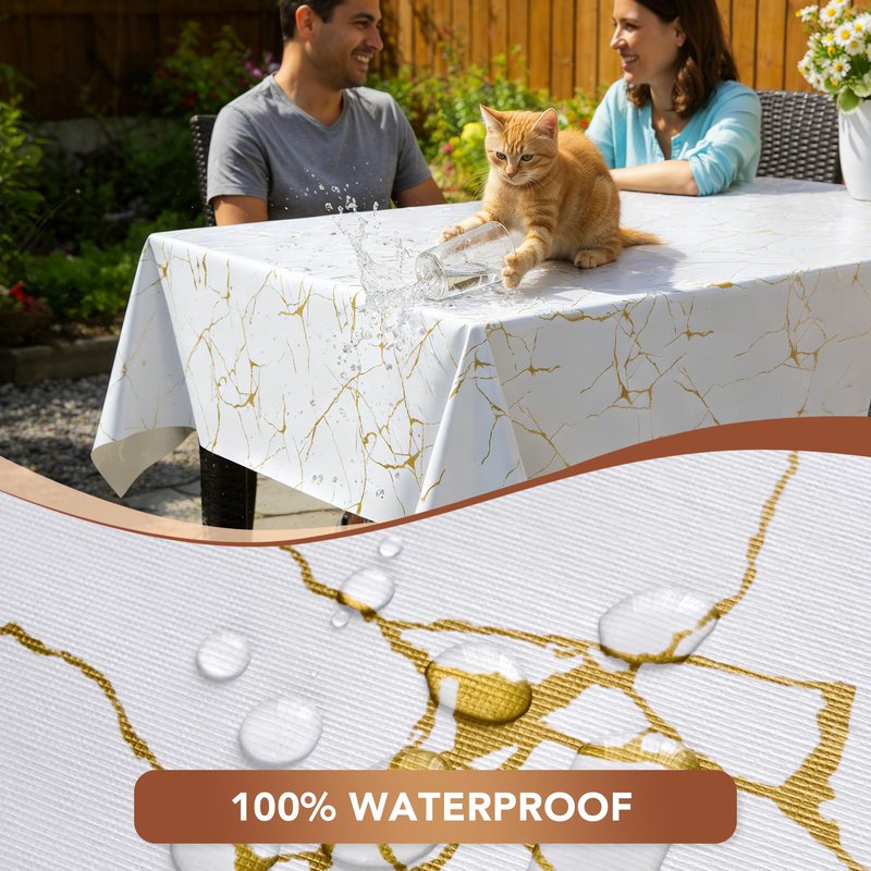 sancua 100% Waterproof Vinyl Tablecloth 54x78 Inch, Rectangle PVC Table Cloth for Picnic, Oil-Resistant Spill-Proof Wipeable Table Cover for Dining, Kitchen, Parties, Indoor and Outdoor, White Marble
