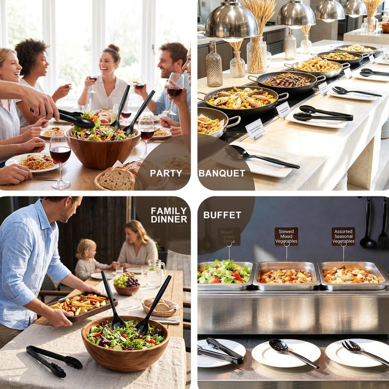 Dualshine 24 Pcs Disposable Black Plastic Serving Utensils,8 Set Including 9.72" Plastic Serving Spoons, Forks and 8.46" Tongs, for Dinner Parties, Buffets,Banquets, Events, Weddings, and Daily Use