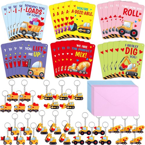 Fancy Land Construction Valentines Cards with keychains 30 Pack Classroom Kids Valentine's Day Cards with Keychains Exchange Gift Set Boys Girls Goody Bag Favors Truck Tractor