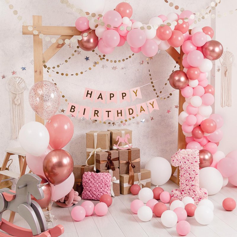 RUBFAC White and Pink Balloons 129pcs Different Sizes Pack of 18 12 10 5 Inch, Latex Baby Pastel Pink Balloon Garland Arch Kit for Birthday Party Wedding Anniversary Baby Shower Gender Reveal