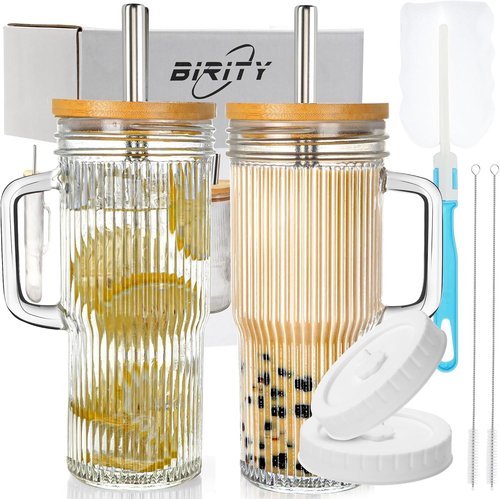 Birity 24oz Ribbed Glass Cup Set - Reusable Tumblers with Lids & Straws | Perfect for Iced Coffee, Juice & Tea