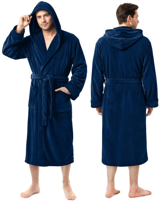 NY Threads Mens Robe with Hood, Luxury Plush Fleece Hooded Mens Bathrobe, Spa Bath Robe for Men, Large/X-Large, Navy