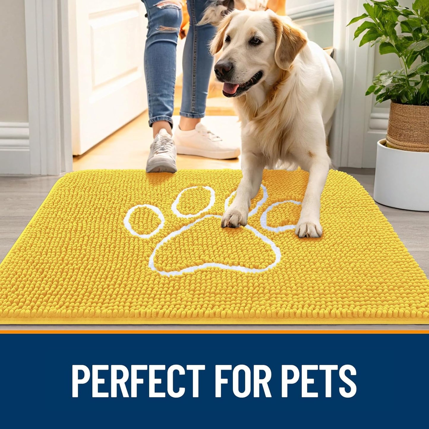 OLANLY Dog Door Mat - Absorbent Non-Slip Mud Mat for Muddy Paws | 30x20 Paw Print Design, Quick Dry Yellow