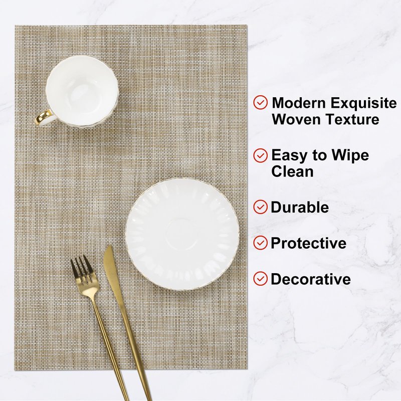 SHACOS Placemats Set of 6 Woven Vinyl Place Mats Wipeable Heat Resistant Stain Resistant Table Mats Indoor Outdoor, Beige