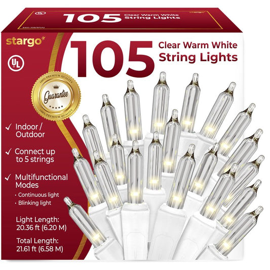 Clear Warm White Christmas Lights - 20 ft String of 105 Incandescent Mini Multifunctional Lighting Modes for Decorative, Bedroom, Outdoor, Xmas Twinkle Christmas Tree Lights, White Wire Total 21.6 ft