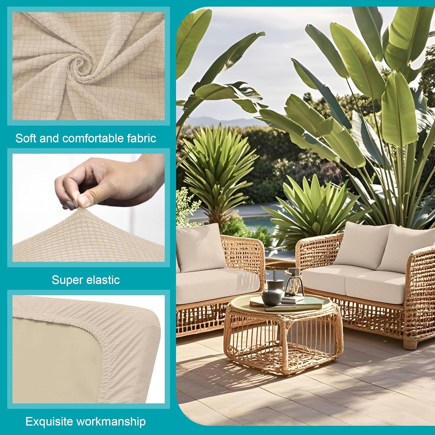 Skiennix 12-Piece Stretch Patio Cushion Covers - Washable & Reusable Outdoor Furniture Protectors | Beige