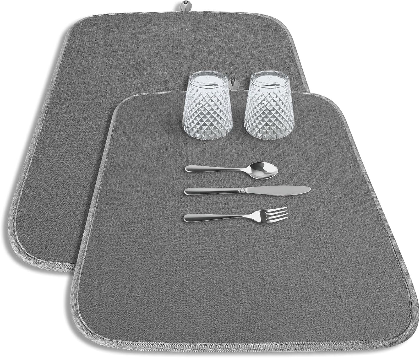 Kitsure Dish Drying Mat - Ultra Absorbent 3-Layer Microfiber Kitchen Mat, 20" x 14", Dark Grey - 2-Pack