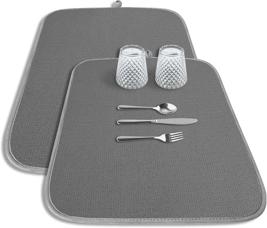 Kitsure Dish Drying Mat - Ultra Absorbent 3-Layer Microfiber Kitchen Mat, 20" x 14", Dark Grey - 2-Pack