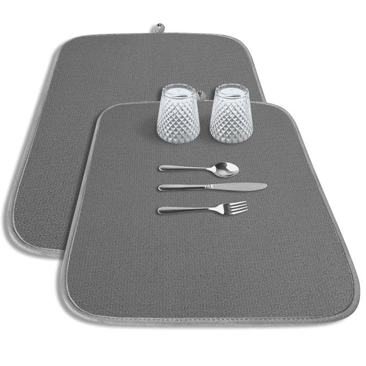 Kitsure Dish Drying Mat - 2-Pack Washable Microfiber Drying Mat for Kitchen Counter, 3-Layer Ultra Absorbent Pad with a Hanging Hook, 20" x 14", Dark Grey