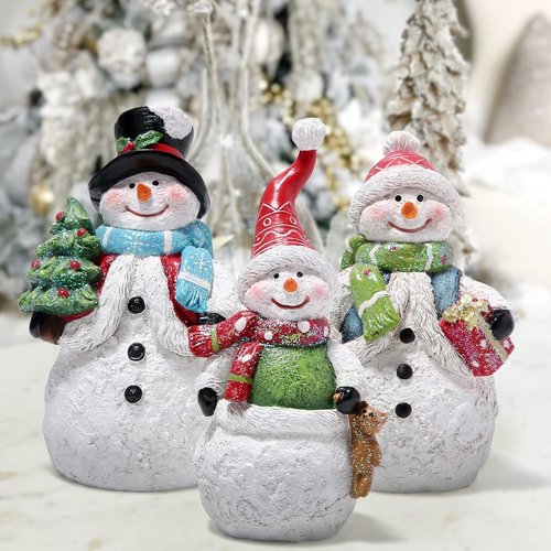 Hodao Snowman Figurines - Set of 3 Hand-Painted Resin Christmas Ornaments | Glitter Accents for Holiday Decor