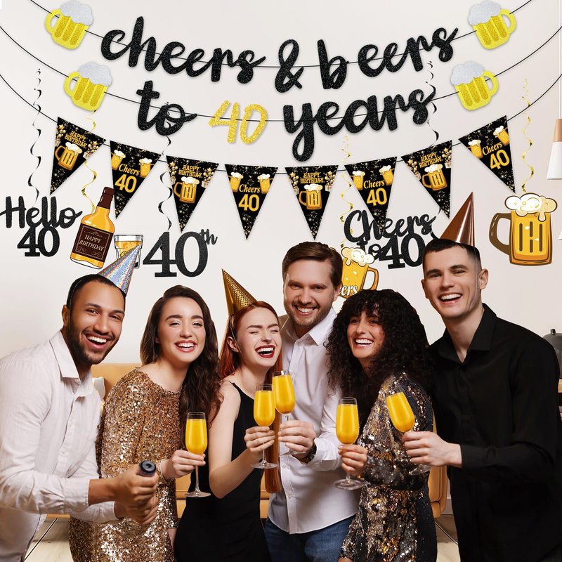 Black Gold 40th Birthday Decorations for Him Men, Glitter Pre-Strung Cheers to 40 Years Banner Hello 40 Hanging Swirls Paper Triangle Flag Banner Decorations Bday Party Supplies Kit