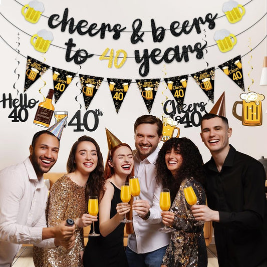 Black Gold 40th Birthday Decorations for Him Men, Glitter Pre-Strung Cheers to 40 Years Banner Hello 40 Hanging Swirls Paper Triangle Flag Banner Decorations Bday Party Supplies Kit