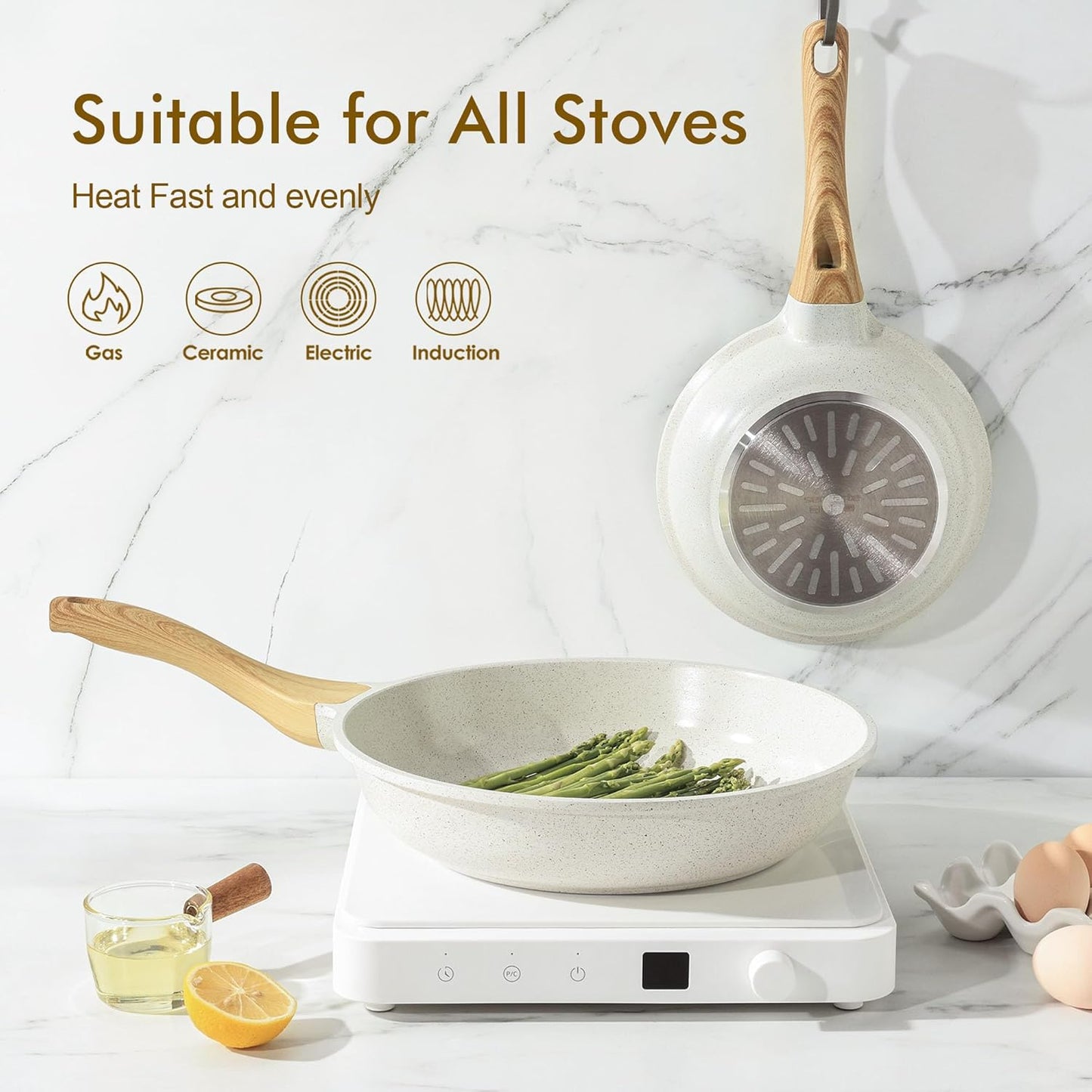 SENSARTE Nonstick Ceramic Frying Pan - 8-Inch Healthy Omelet Skillet, PFAS-Free & Induction Compatible, White (Pack of 2)