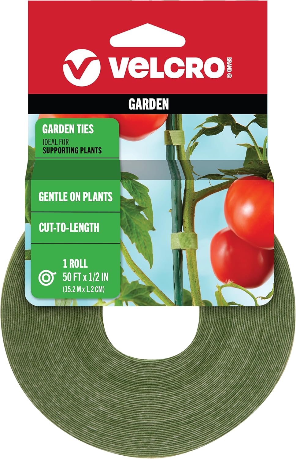 VELCRO Brand Garden Ties - Reusable & Adjustable Plant Supports | 50 ft x 1/2 in, Green Recycled Plastic