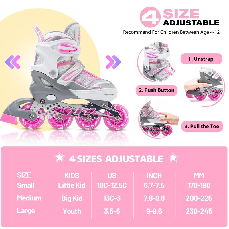 2PM SPORTS Cytia Pink Girls Adjustable Illuminating Inline Skates with Light up Wheels, Fun Flashing Beginner Roller Skates for Kids (Silver, Small - Little Kids (10C-12.5C US))