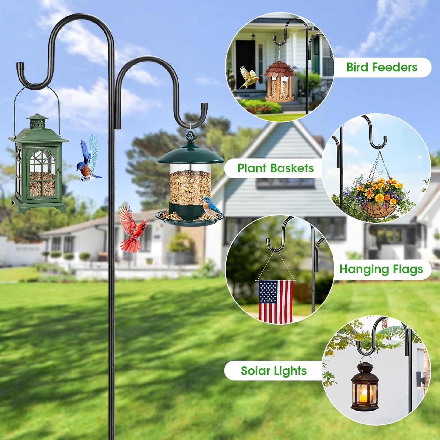 Skiennix 79-Inch Double Shepherds Hooks - Heavy Duty Bird Feeder Pole with 5-Prong Base for Outdoor Use