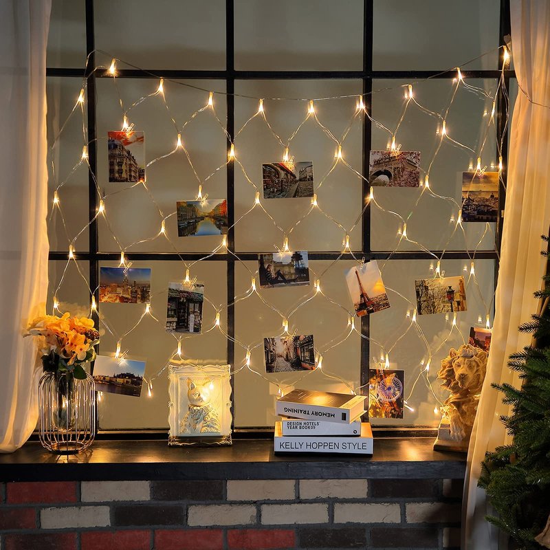 Hiboom Christmas Fairy Lights with Clips, Net Photo Clips String Lights, LED Hanging Photo Display, 8 Modes Battery Operated Christmas Lights for Home Wall Decoration, Warm White(3.3 x 3.3 ft)