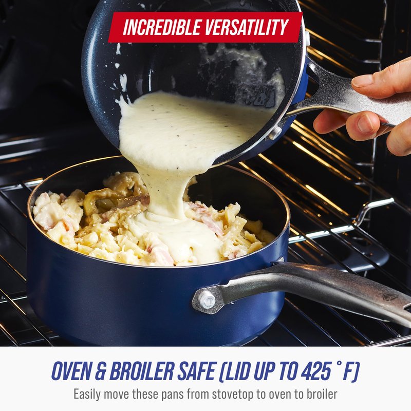 Blue Diamond Nonstick 2QT Saucepan with Lid, Non Toxic PFAS-Free Diamond Ceramic, Dishwasher & Oven Safe, Metal Utensil Safe Pot, Stay Cool Handle, Chef Pan, Glass Lid, Blue