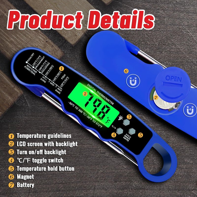 Stocking Stuffers for Men Women Adults: Meat Thermometer Digital, Instant Read Meat Thermometer with Backlight & Magnet for Kitchen, Beef, Grill, Turkey,IP67 Waterproof Cooking Thermometer
