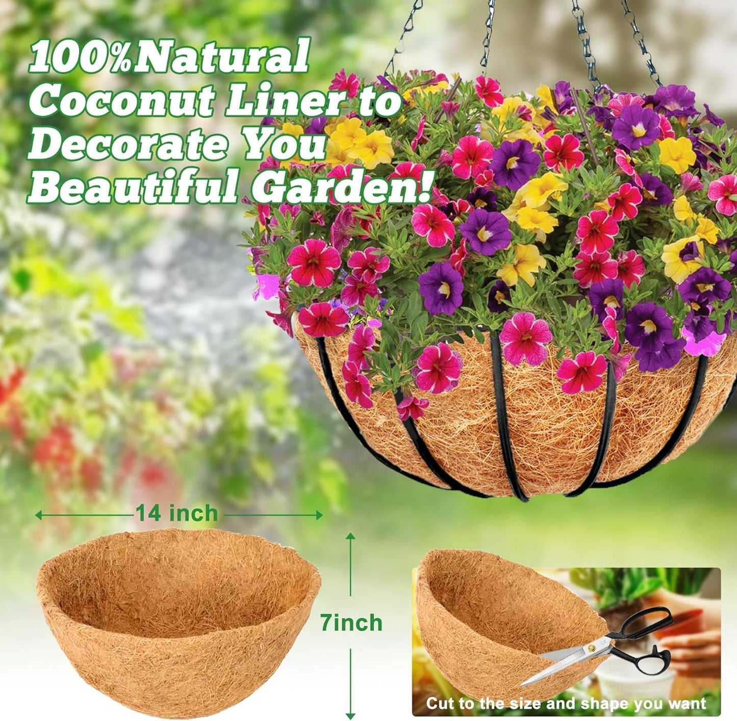 Y&M 14" Round Coconut Fiber Liner - Pre-Formed Replacement for Hanging Baskets | 2-Pack
