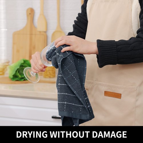 Homaxy 100% Cotton Terry Kitchen Towels(Dark Grey, 13 x 28 inches), Checkered Designed, Soft and Super Absorbent Dish Towels, 6 Pack