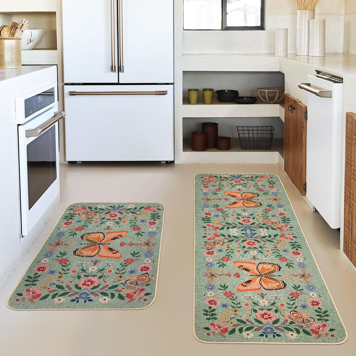 SHIYUE Boho Kitchen Mat Set of 2, Green Butterfly Flower Kitchen Rugs Farmhouse Modern, Non Skid Washable Rubber Runner Rugs, Kitchen Decor Accessories（17x47in+17x30in）