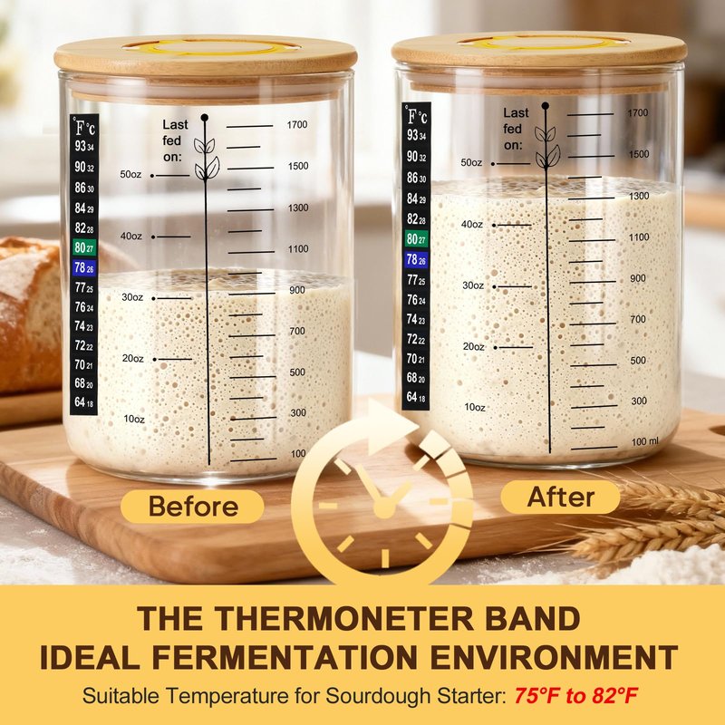 Sourdough Starter Jar, 50 oz Large Sourdough Jar with Time Keeper, Thermometer, Scraper, Wide Mouth Glass Sourdough Starter Kit for Beginners and Professional Bakers