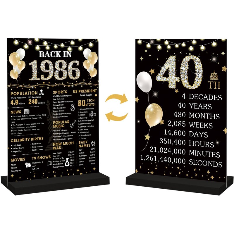 Roetyce 40th Birthday Decorations Gift for Women Men, Black Gold Back in 1986 Poster Acrylic Sign Centerpiece(1PC Duplex Printing), 40th Anniversary Table Decor, 40 Years Old Birthday Party Supplies